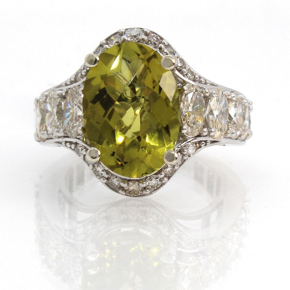 Vibrant Rare 5.29 Carat Green Citrine and 3.25 Diamond Halo engagement as.7 Ring